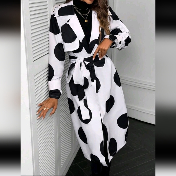 Women's Single-Breasted Geo Print Polka Dot Long Sleeve Open Front Trench Coat - Picture 4 of 5